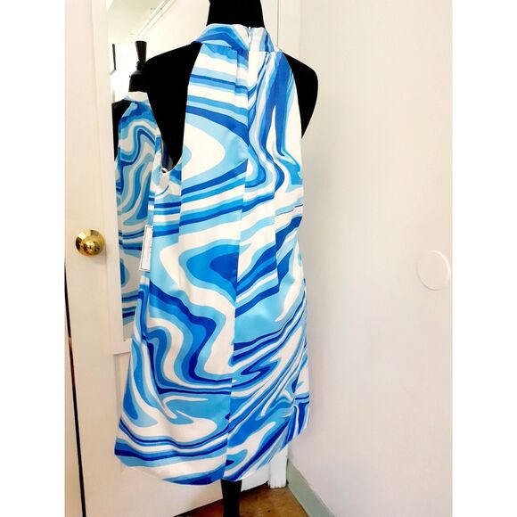 Premier Amour Blue White Prints Halter Fully Lined Cocktail Dress S10 NWT $79 - Picture 4 of 13